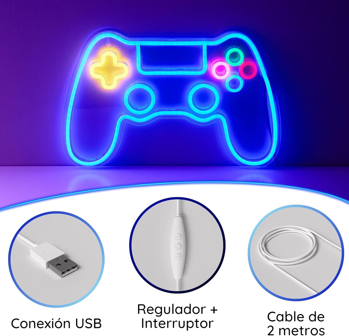 NELUX Neón LED Gaming - Mando Gamer Luces Neon Decoración Habitación Pared Gaming, Letrero Neon Gamer Lampara Habitacion Juvenil Luz, Cartel Luminoso Decorar Setup. Conexión USB Con Regulador.