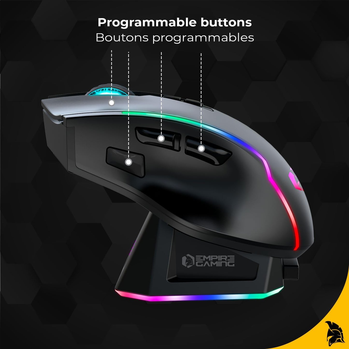 Empire Gaming RF908 - Ratón Inalámbrico Recargable Con Estación De Carga Magnética RGB – 10000 DPI 8 Botones Programables Modos Wifi 2.4 Ghz, Bt/Cable Vía USB-C (Negro)