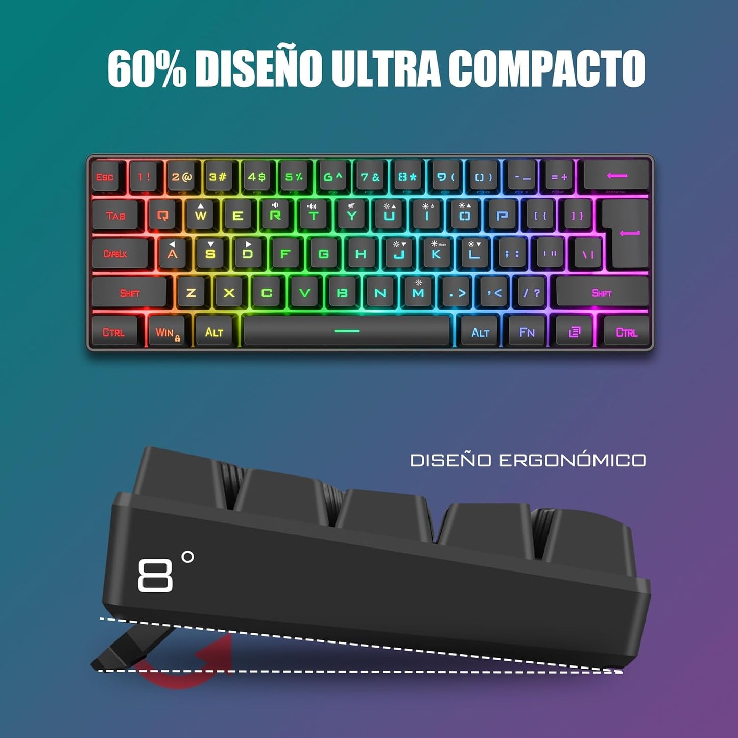 Redthunder Teclado Mecánico Alámbrico Gaming 60%,Retroiluminación RGB Dinámica,Ratón Celular Ligero De 7200 Dpi,Teclado Ultra-Compacto 62 Teclas Anti-Ghosting,Disposición QWERTY Es,Para Pc/Ps5/Xbox