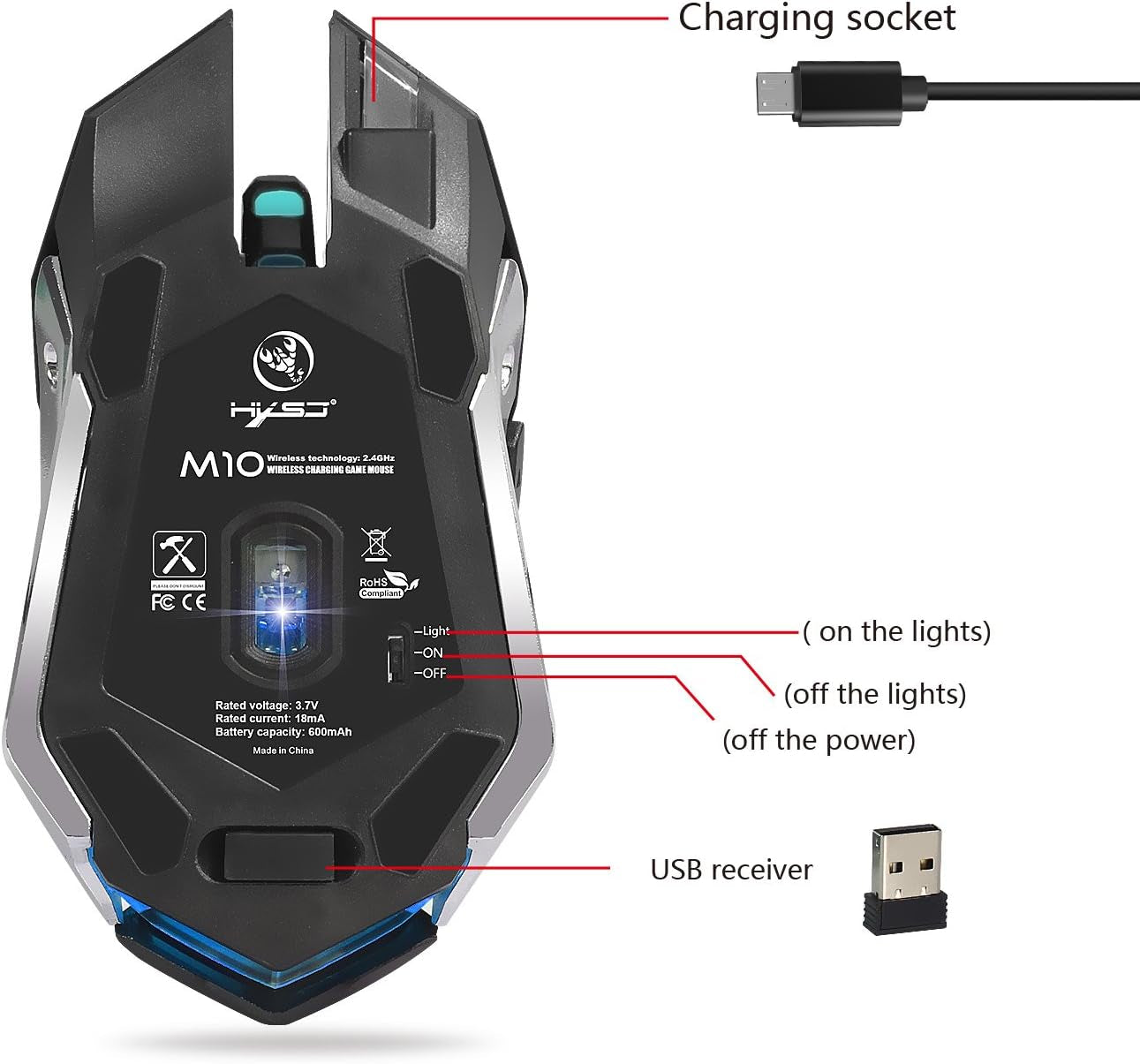 Zienstar-Recargable Ratón Para Gamer Inalámbrico 2.4Ghz Con Receptor USB,7 Colores Retroiluminado-Negro Plateado