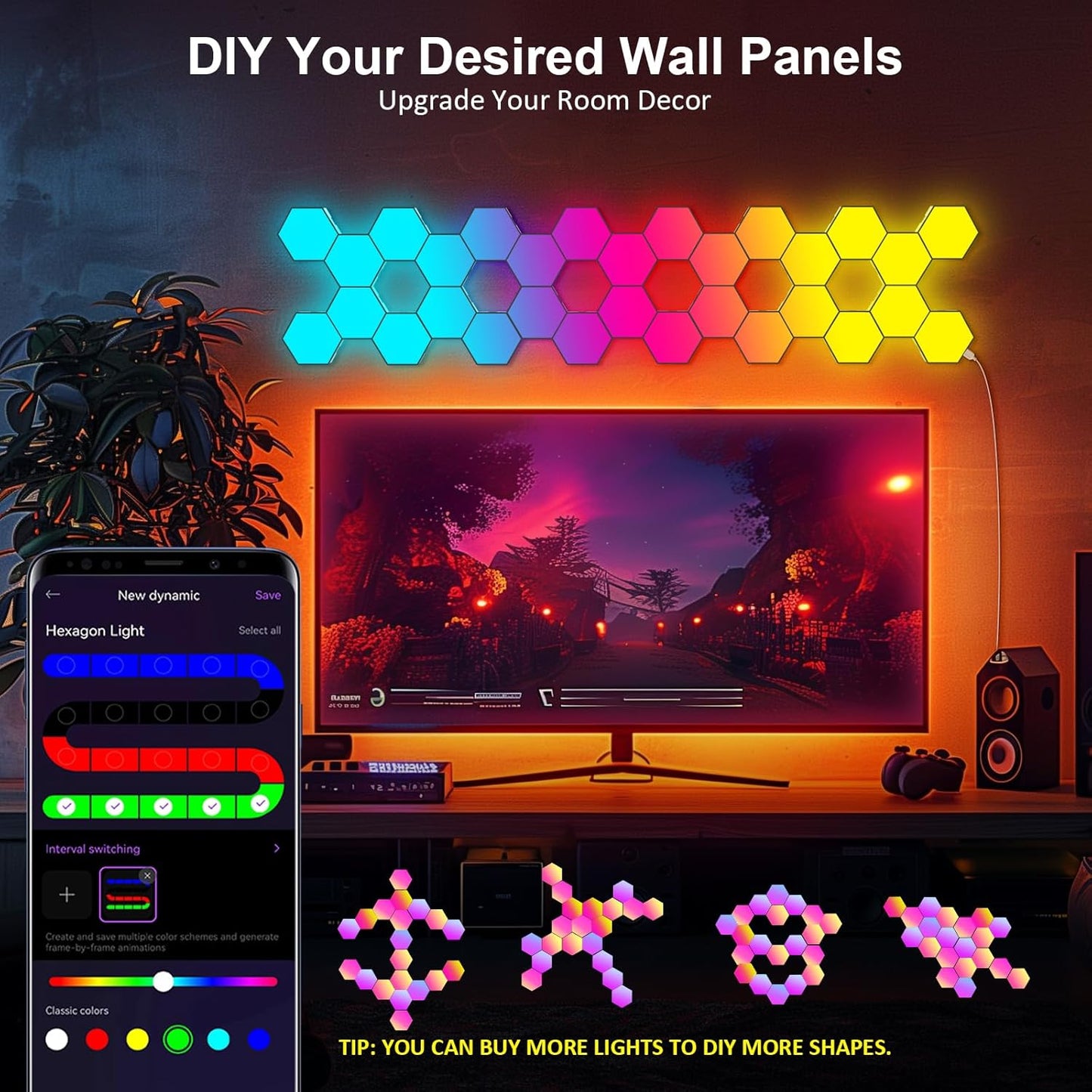 Hexagonal LED Pared Luces 8Pcs RGB Gaming Panel — Sincronización De Música Hexagonales Gamer Habitacion Pared Decoracion Lampara Smart App…