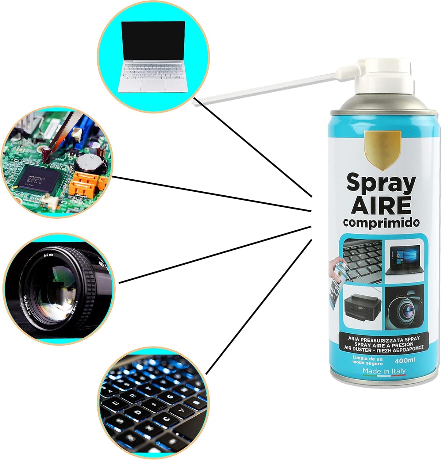 Spray Aire Comprimido 400Ml Para La Limpieza Ideal Para Teclados, Ordenadores Impresoras Y Otros Equipos Eléctricos Eliminación De Polvo