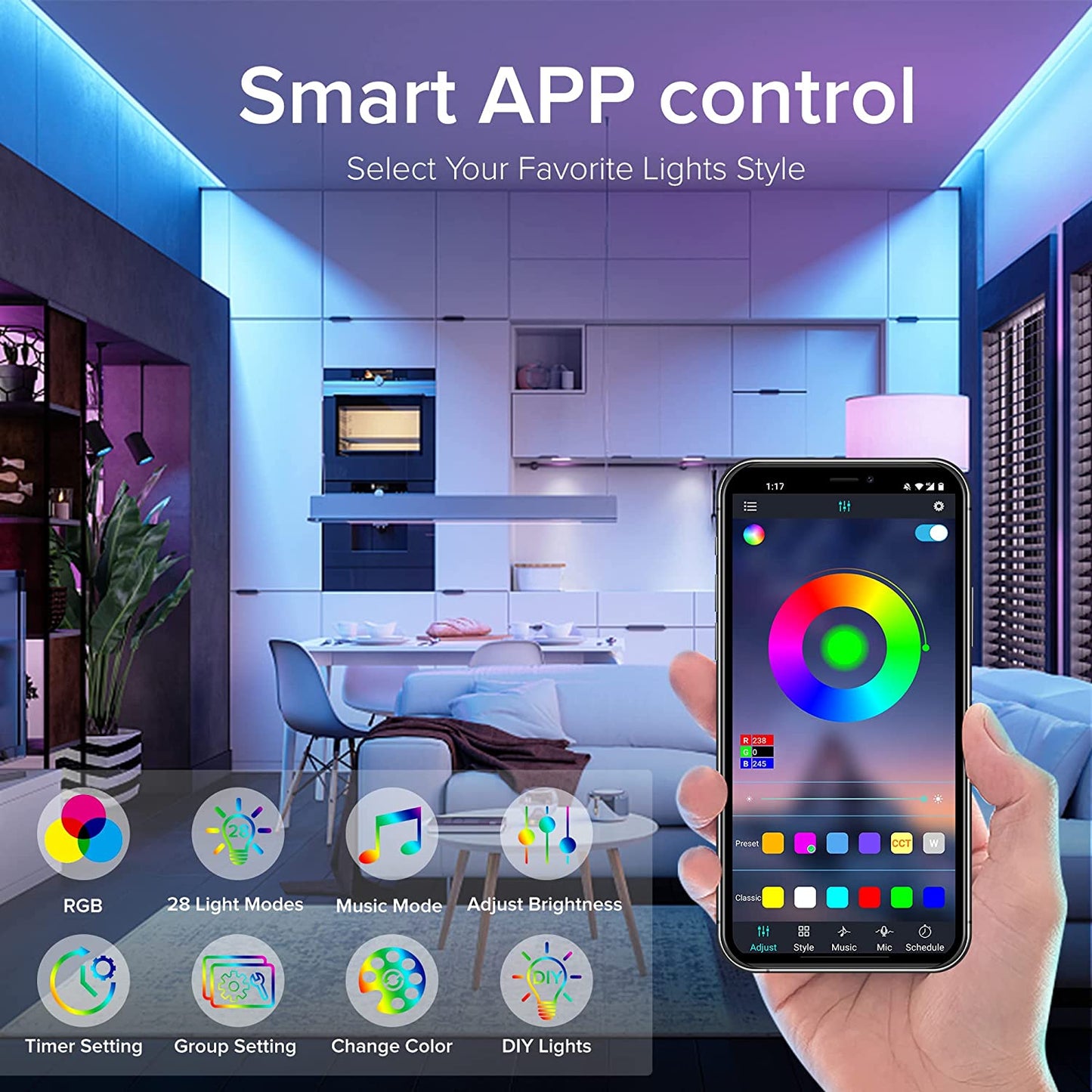 Tiras LED, Luces Habitación 10 Metros, Bonve Pet Tira LED RGB, Bluetooth Musical Con IR Control Remoto 40 Teclas Y APP, 16 Milliones De Colores, Luz Para Decoración TV Cocina Fiesta