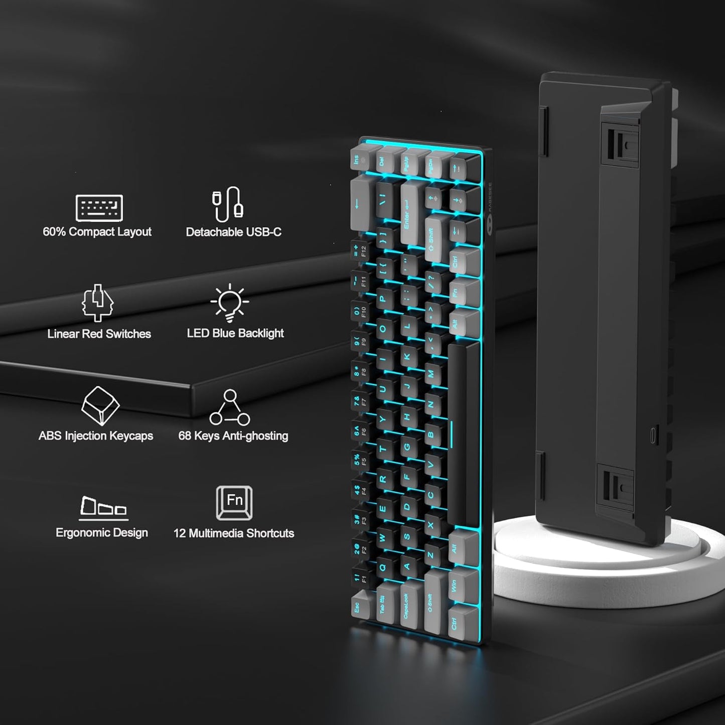 Teclado Mecánico De 60 Por Ciento Para Juegos, Minimalista Mk-Box Retroiluminado Azul Compacto De 68 Teclas Con Cable De Oficina Con Interruptor Rojo Para Windows, Mac, Conveniente (Gris Y Negro)