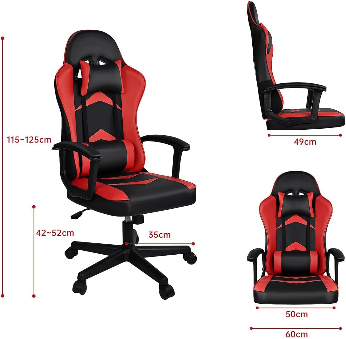Silla Gaming Ergonómica Reclinable Con Cojín Lumbar Y Cervical | Respaldo Alto Acolchado | Altura Ajustable | Ruedas Giratorias 360° Y Reposabrazos | Ideal Ordenador, Oficina, Videojuego O Escritorio