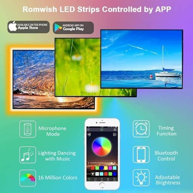 Romwish Retroiluminación LED USB Bluetooth Para TV, RGB 5050 Se Sincroniza Con Música Y Se Conecta Mediante Control De Aplicación Y Se Puede Utilizar Para Dispositivos Grandes De 40 a 50 Pulgadas.