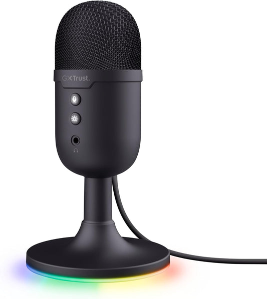 Trust Gaming GXT 236 Yami Micrófono PC USB Para Streaming Podcast Twitch Discord ASMR Youtube Playstation 5 Juegos, Micrófono De Condensador Cardioide, Micro Con Iluminación LED RGB - Negro