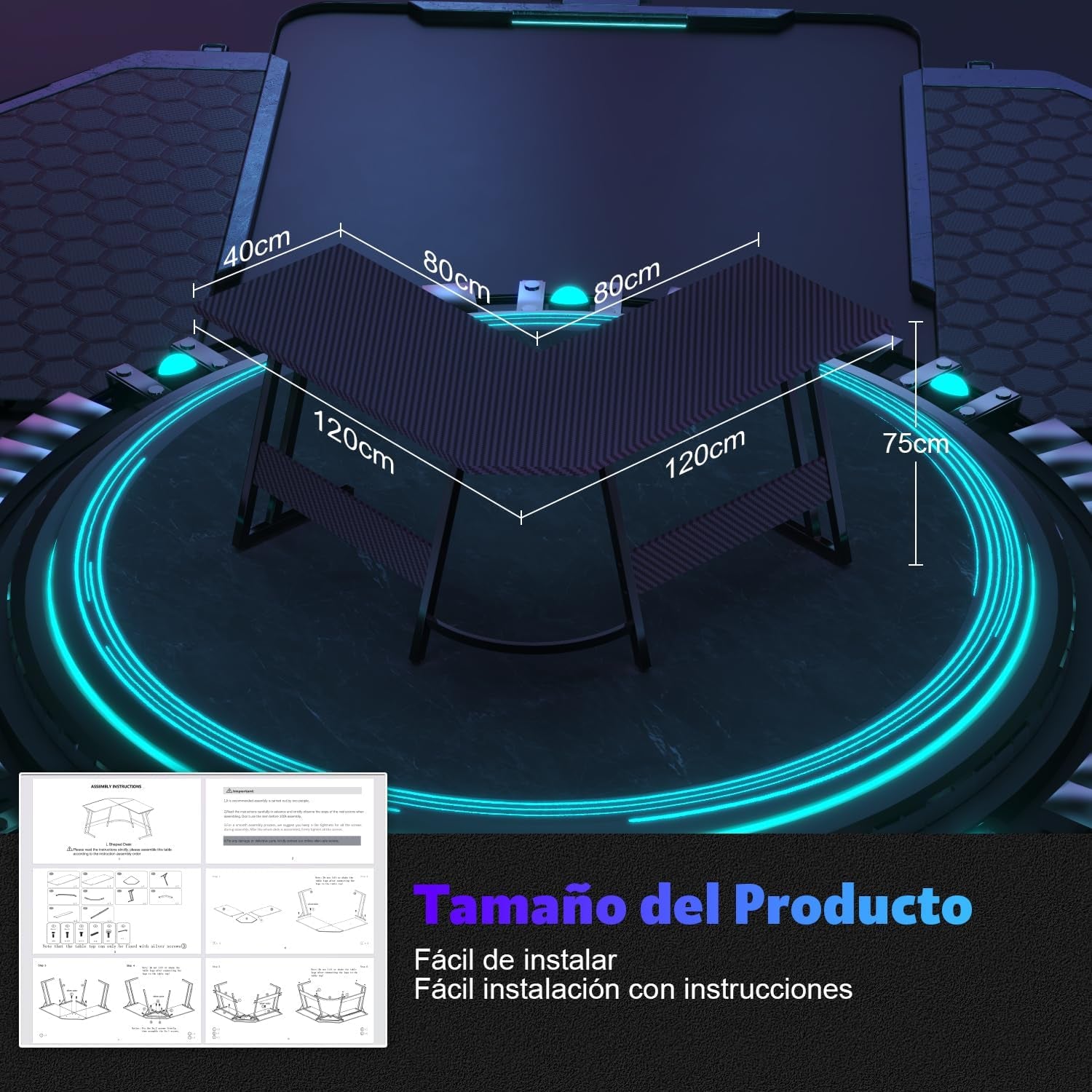 Devoko Escritorio Gaming De Esquina,120 X 120Cm,Escritorio Gamer En Forma De L Con Soporte De Monitor, Para Estudio,Oficina,Gaming,Dormitorio(Carbono Negro)