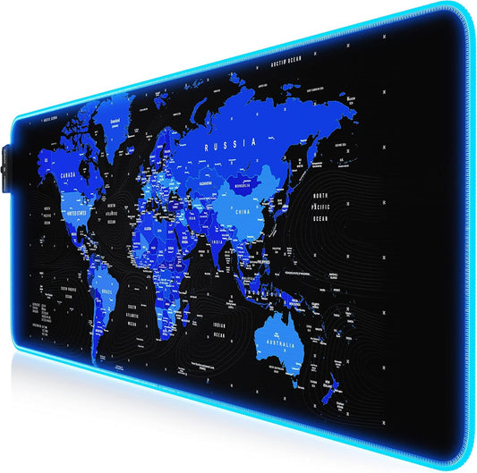 Titanwolf - Alfombrilla De Ratón RGB Para Videojuegos, 800 X 300 Mm, XXL, LED Multicolor, 7 Colores LED Y 4 Modos De Efecto, Para Precisión Y Velocidad, Base De Goma, Lavable, Mapa Del Mundo Azul