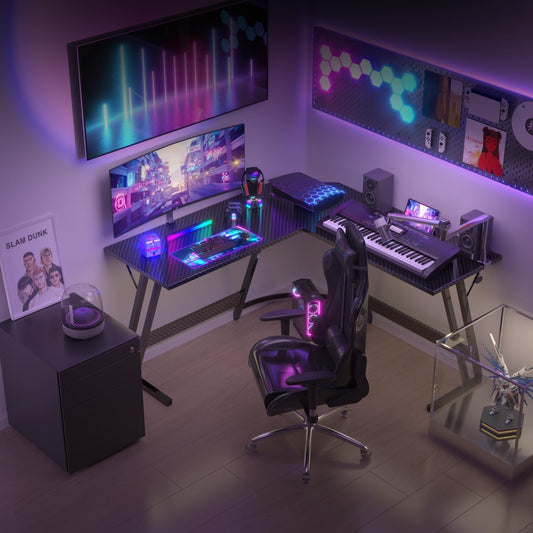 Devoko Escritorio Gaming De Esquina,120 X 120Cm,Escritorio Gamer En Forma De L Con Soporte De Monitor, Para Estudio,Oficina,Gaming,Dormitorio(Carbono Negro)