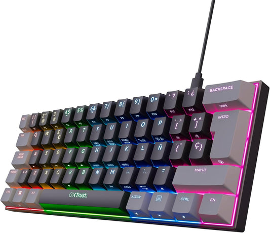 Trust Gaming GXT 867 Acira Teclado Mecánico 60% Español QWERTY, Teclas De Doble Función, Iluminación RGB, Mini Teclado Gaming Compacto Programmable Con Cable USB PC Portátil - Negro/Gris