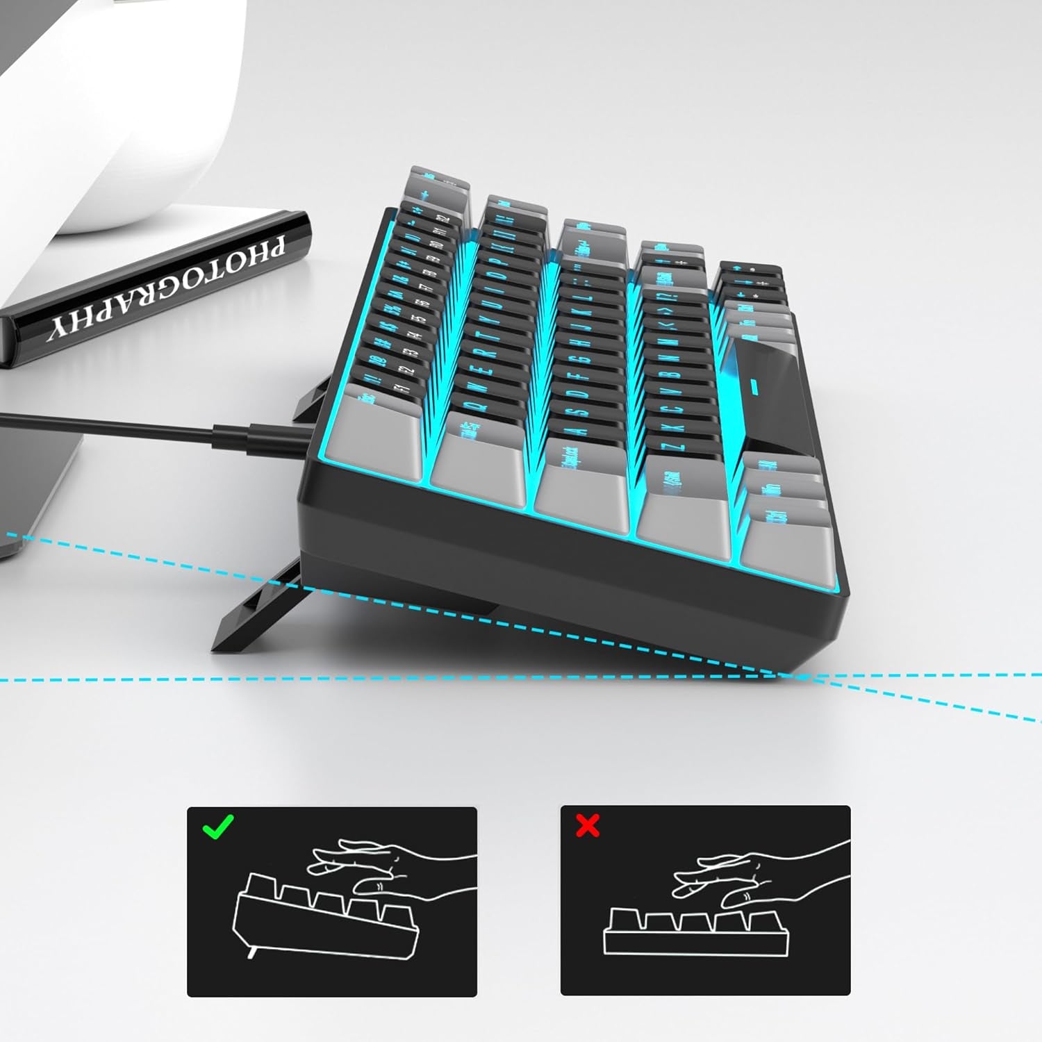 Teclado Mecánico De 60 Por Ciento Para Juegos, Minimalista Mk-Box Retroiluminado Azul Compacto De 68 Teclas Con Cable De Oficina Con Interruptor Rojo Para Windows, Mac, Conveniente (Gris Y Negro)