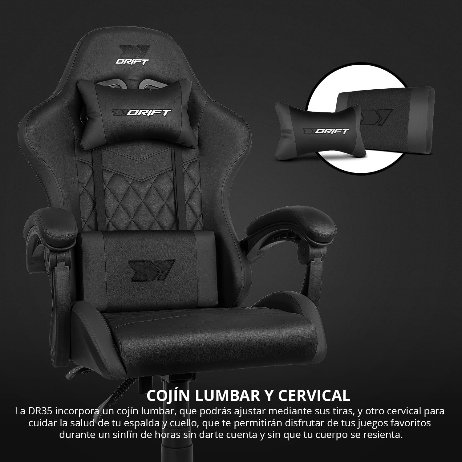 DRIFT GAMING DR35 – Silla Gaming Ergonómica Profesional Con Reposabrazos 2D Ajustables, Soporte Lumbar Y Cervical, Reclinable 135°, Tapizado En Cuero Sintético, Ruedas Silenciosas, Base Robusta, Negro