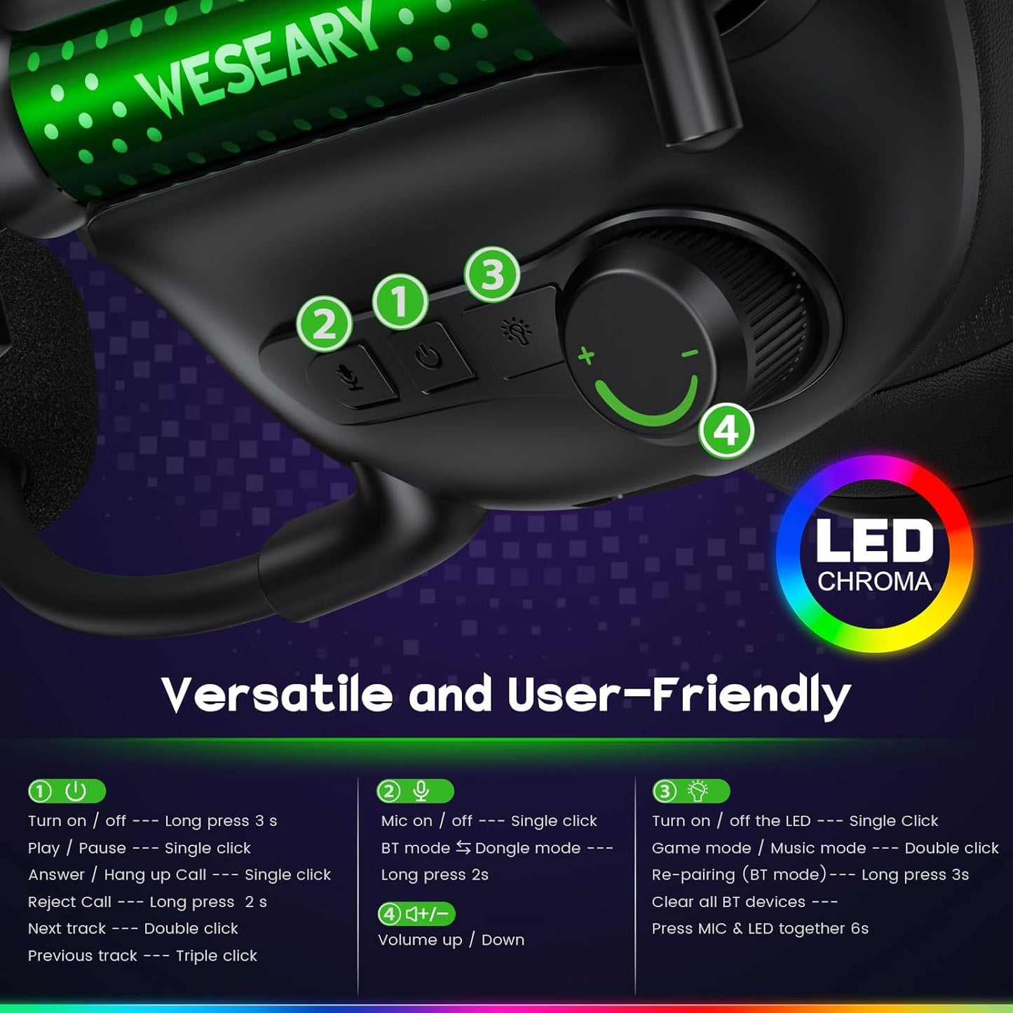 WESEARY WG2 Cascos Gaming Inalambricos, Auriculares Gaming Inalambricos De 2.4G Para PS5, PS4, PC, Switch, Sonido Estéreo Auriculares Con Microfono, Cascos Con Luz LED, Duración 50Hr+