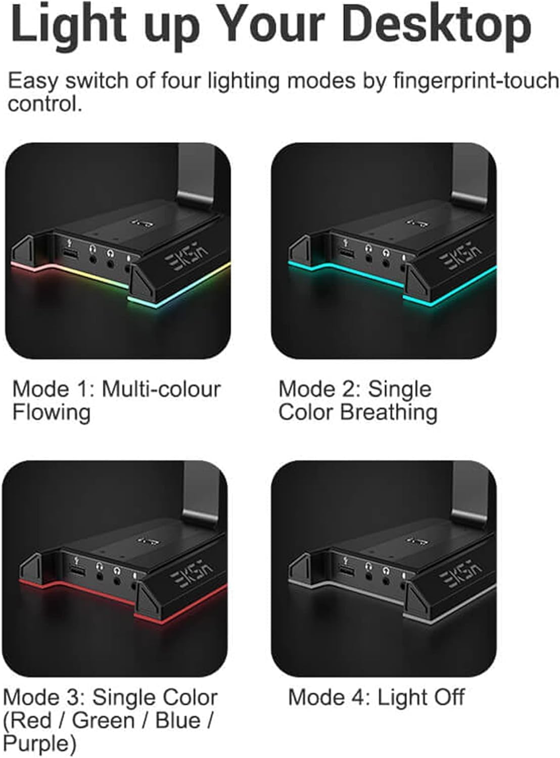 EKSA W1 Soporte Auriculares Con RGB, Sonido Envolvente 7.1, 3 Puertos 3.5Mm Y 2 USB, Accesorios Gaming Para PC, Aluminio, Compatible Con Pc/Netbook/Gamer