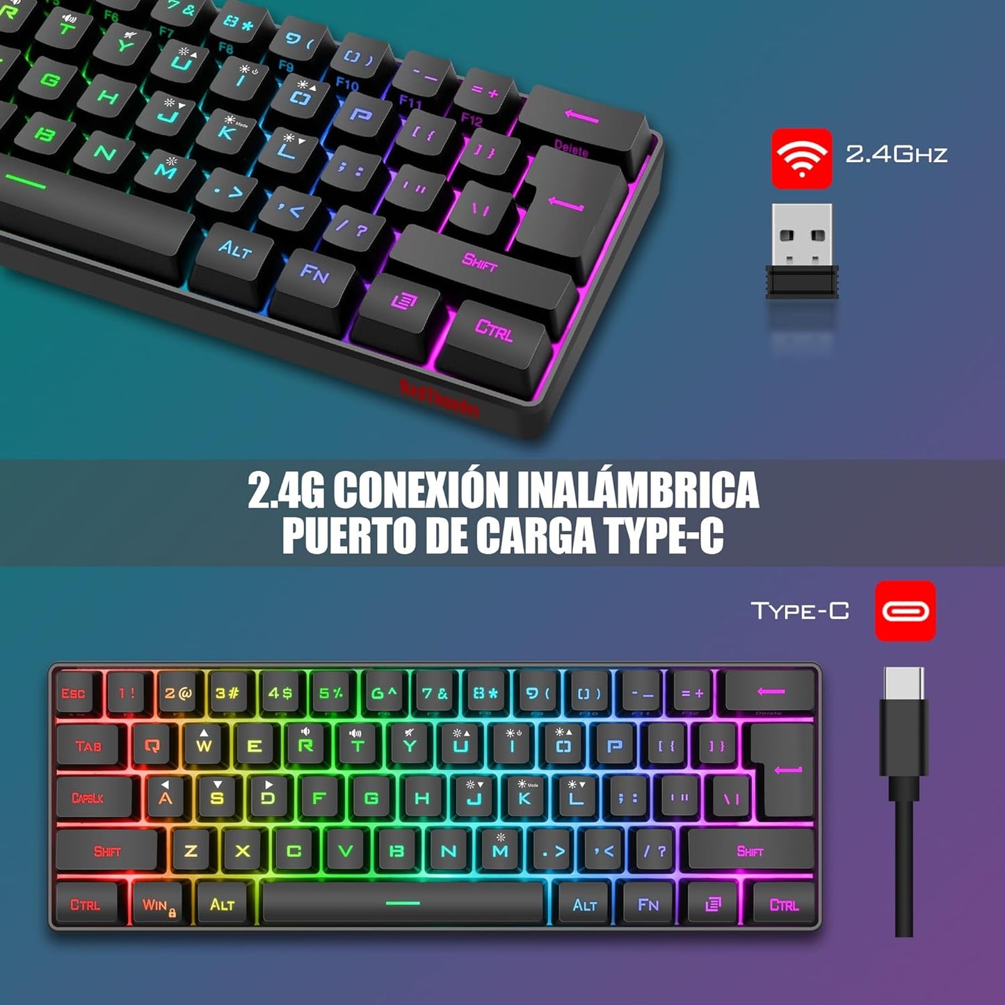 Redthunder Teclado Mecánico Alámbrico Gaming 60%,Retroiluminación RGB Dinámica,Ratón Celular Ligero De 7200 Dpi,Teclado Ultra-Compacto 62 Teclas Anti-Ghosting,Disposición QWERTY Es,Para Pc/Ps5/Xbox