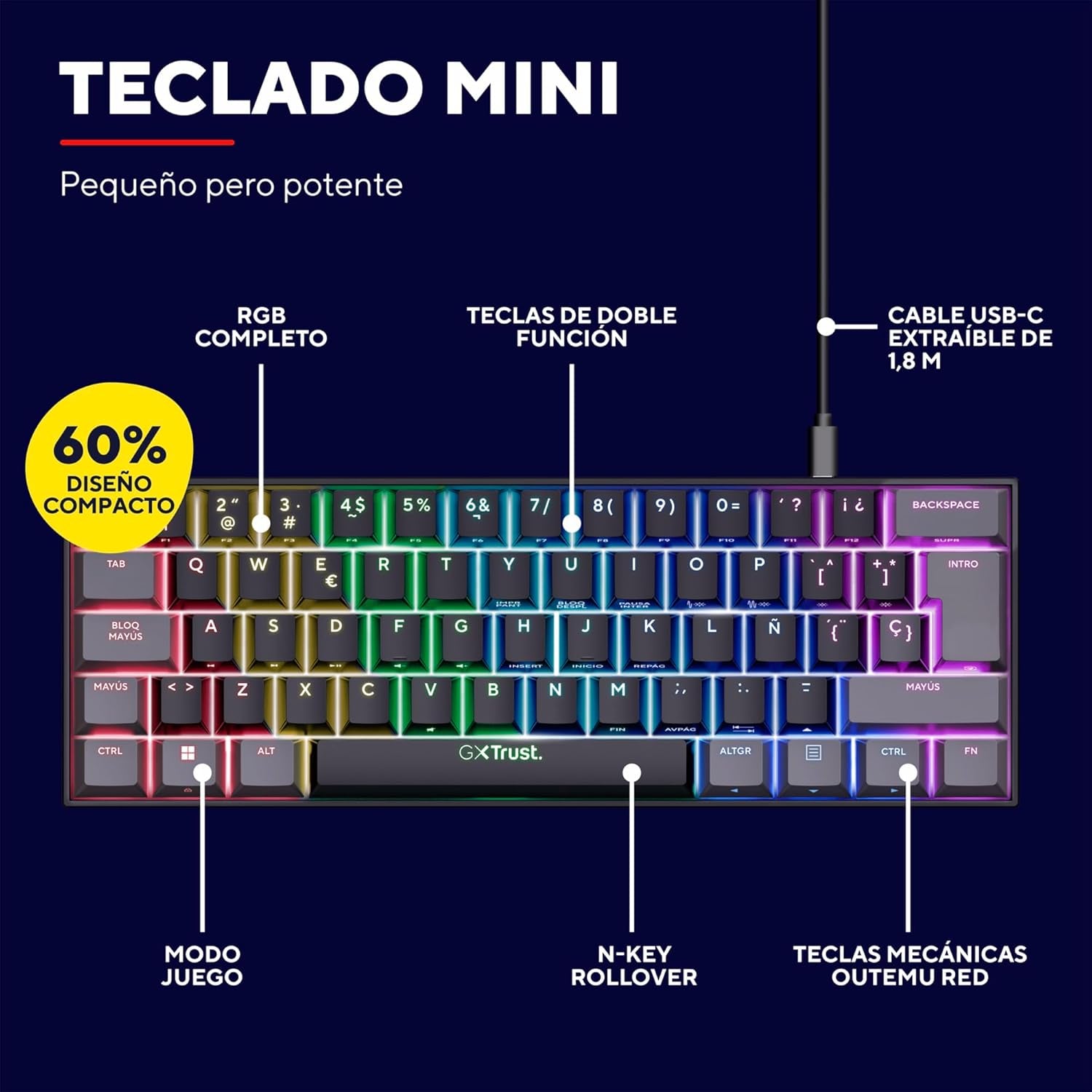 Trust Gaming GXT 867 Acira Teclado Mecánico 60% Español QWERTY, Teclas De Doble Función, Iluminación RGB, Mini Teclado Gaming Compacto Programmable Con Cable USB PC Portátil - Negro/Gris