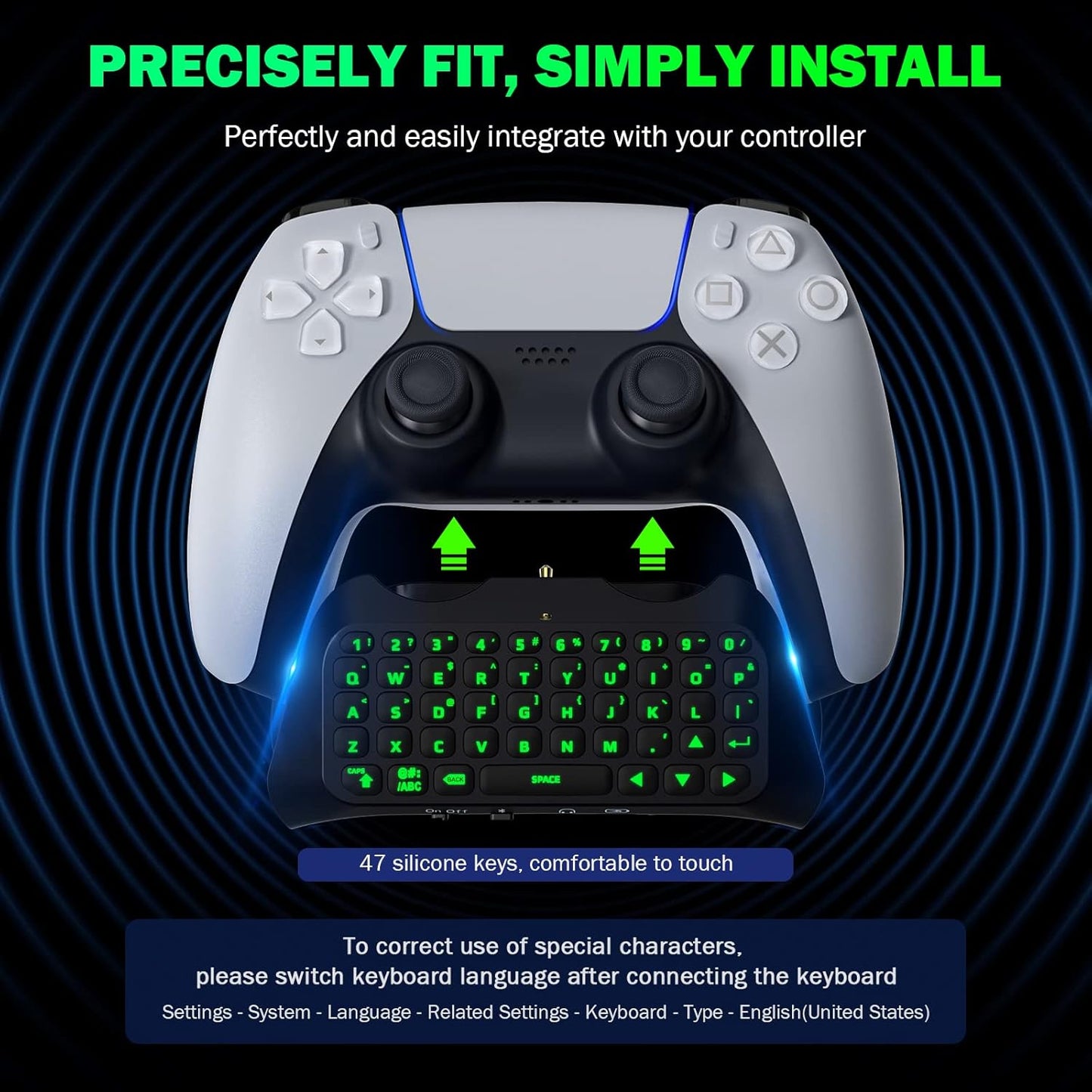 Moko Teclado Inalámbrico Para Mando PS5 Con Retroiluminación Verde, Mini Bluetooth Teclado Controlador Con 47 Teclas Chatpad, Altavoz Integrado Y Conector 3,5 Mm Audio Compatible Con Accesorios PS5
