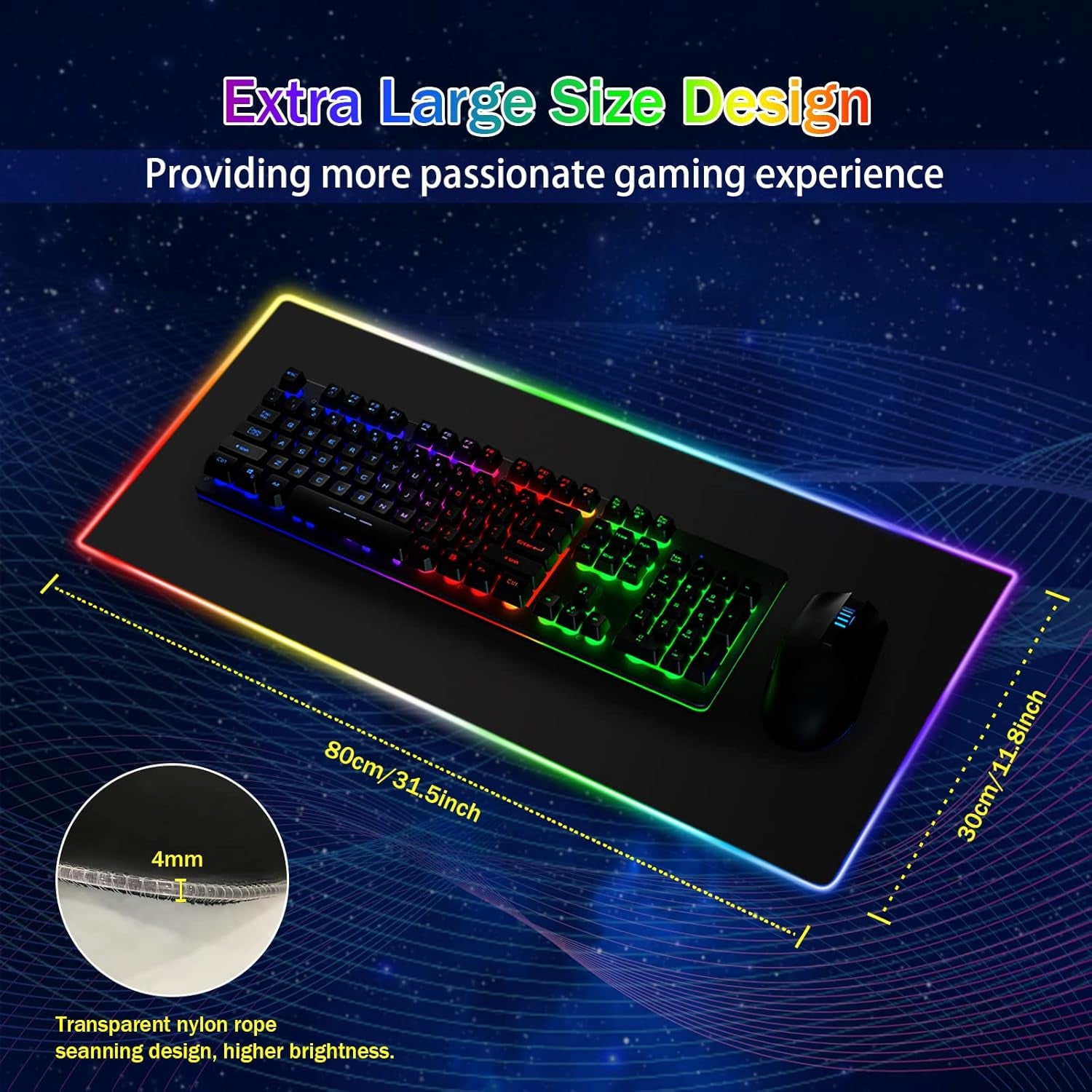 Alfombrilla De Ratón Para Juegos RGB XL, Alfombrilla De Ratón Para Juegos De 800X300 Mm Grande Con 14 Modos De Iluminación, 7 Colores LED, Antideslizante,Para Jugadores De PC, Entrada USB Adicional