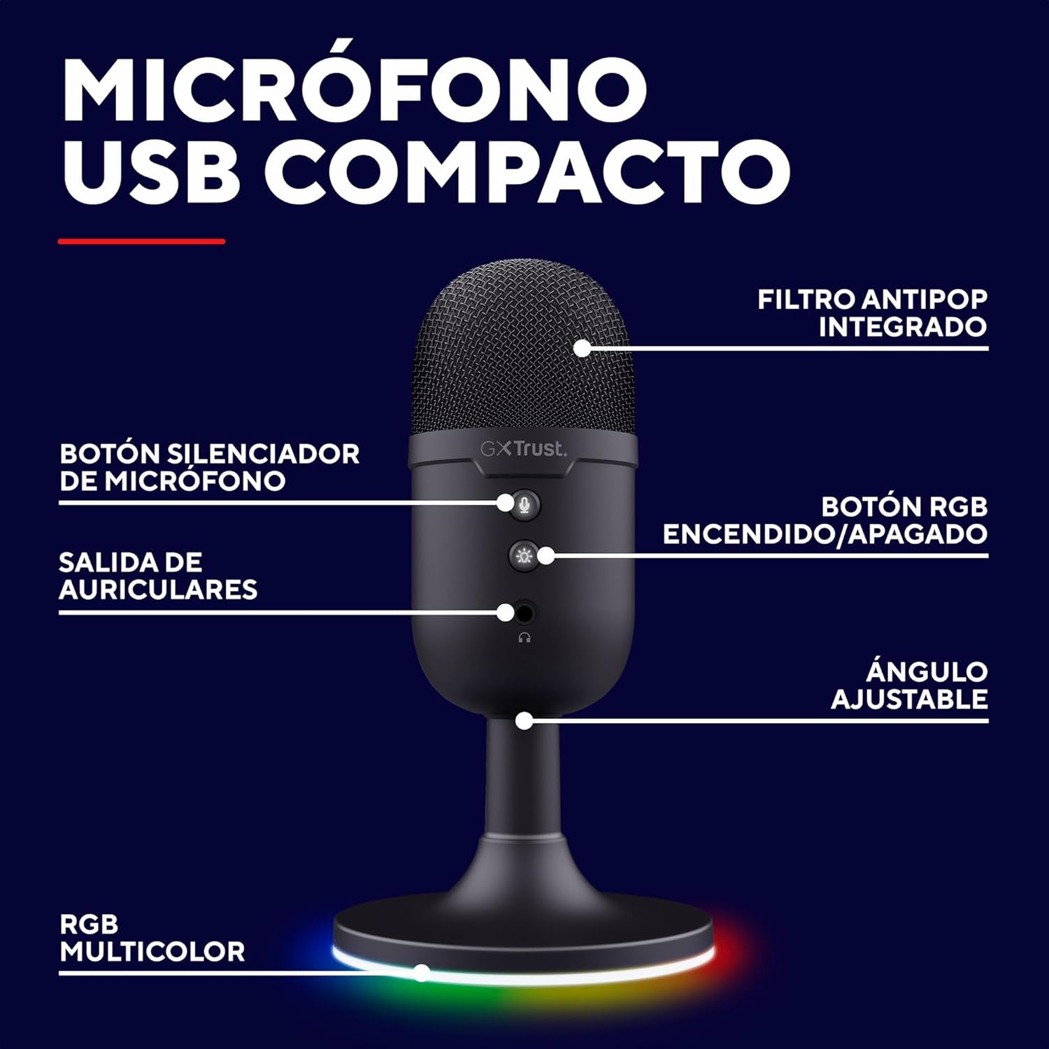 Trust Gaming GXT 236 Yami Micrófono PC USB Para Streaming Podcast Twitch Discord ASMR Youtube Playstation 5 Juegos, Micrófono De Condensador Cardioide, Micro Con Iluminación LED RGB - Negro