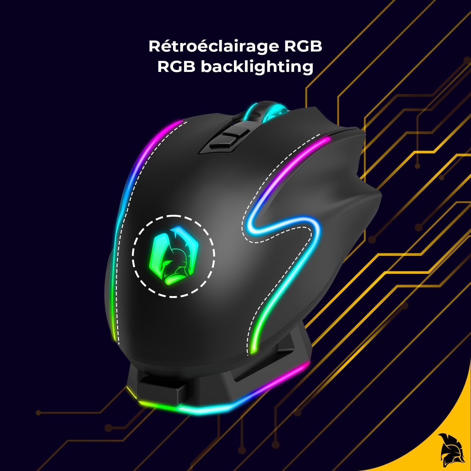Empire Gaming RF908 - Ratón Inalámbrico Recargable Con Estación De Carga Magnética RGB – 10000 DPI 8 Botones Programables Modos Wifi 2.4 Ghz, Bt/Cable Vía USB-C (Negro)