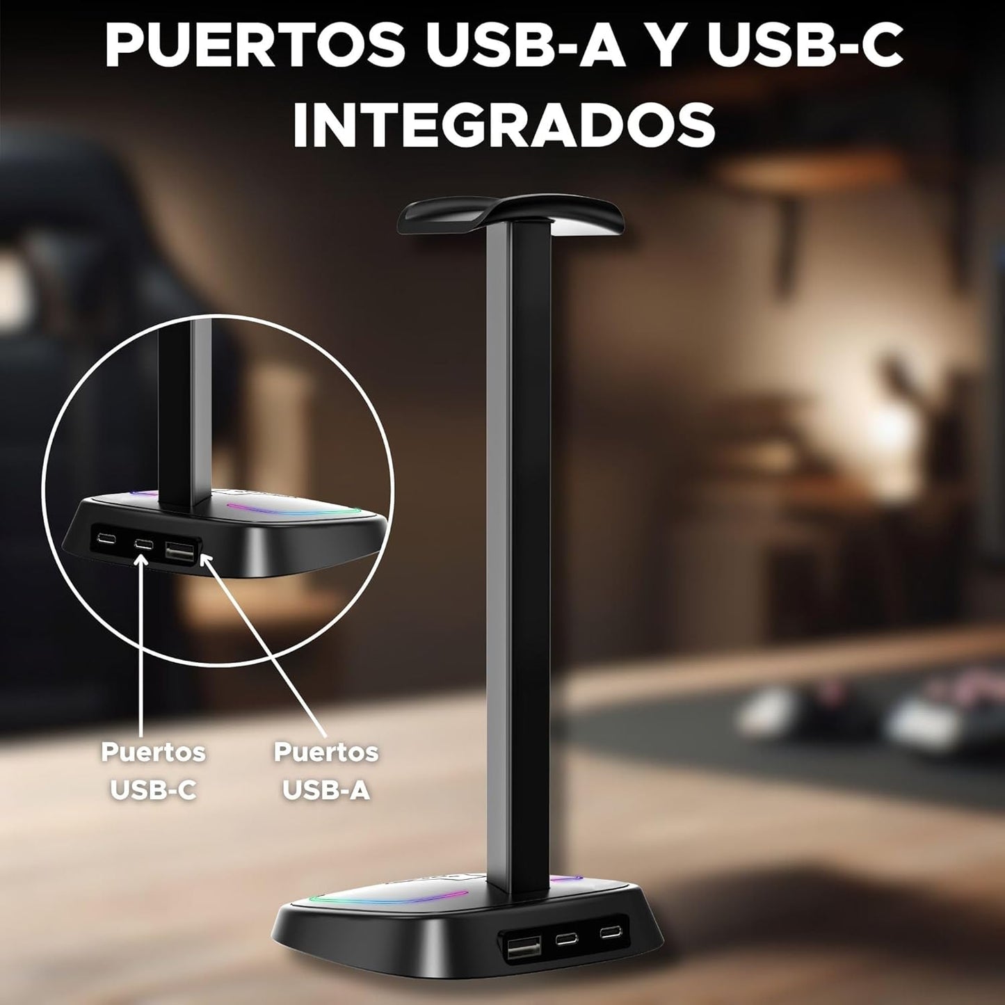 The G-Lab K-Stand Neon RGB HUB – Soporte Auriculares Con Iluminación RGB – Soporte Cascos Gaming Con HUB USB-A/USB-C Y Botón On/Off | Accesorio Gaming Para PC PS5 Xbox Switch – Regalo Gamer | Nuevo