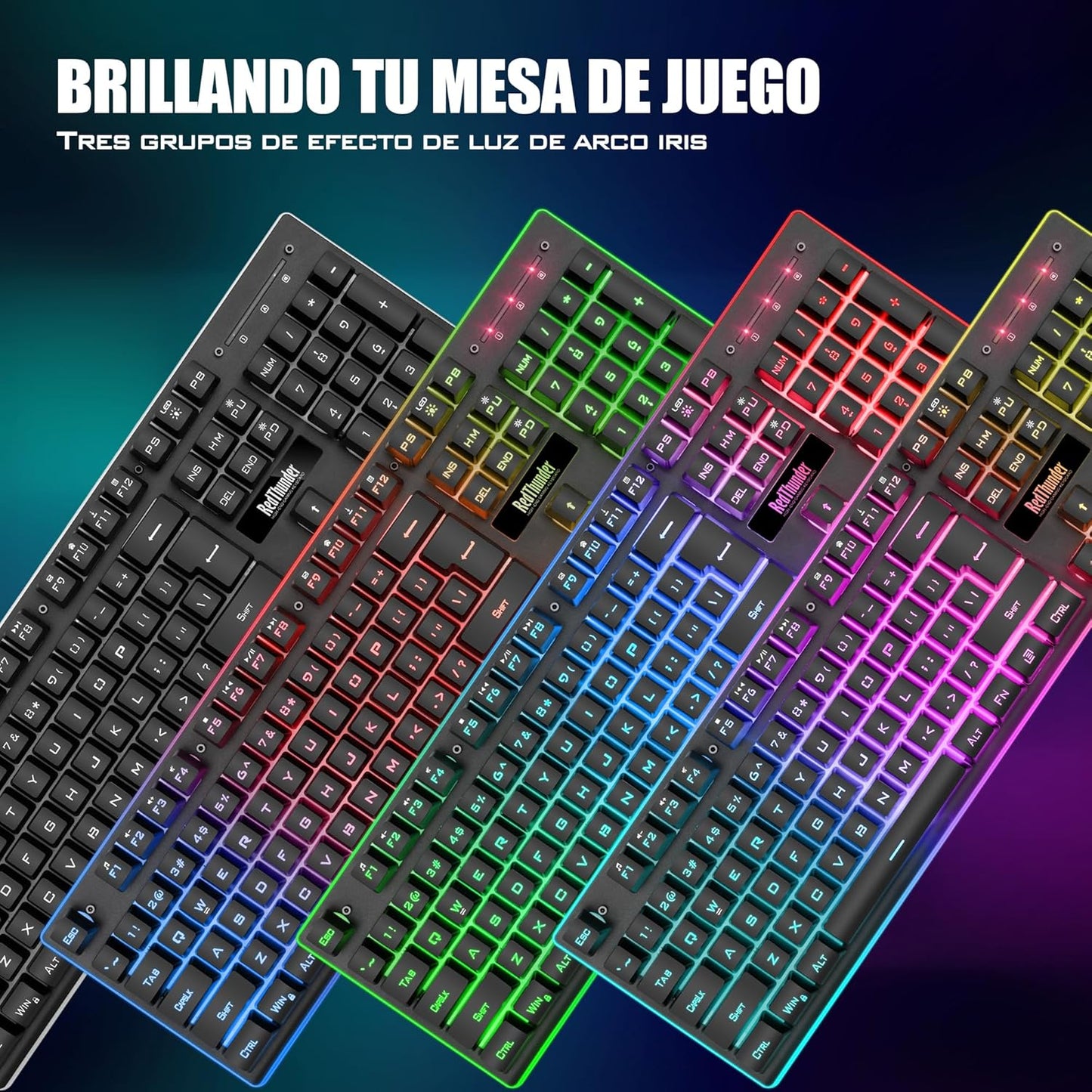 Redthunder K10 Teclado Gaming Sensación Mecánico Lnalámbrico,Retroiluminación Led,Batería Recargable De 3800 Mah, Anti-Ghosting+Ratón 7D 3200Dpi,Disposición Es,Para Pc/Ps5/Xbox-Negro