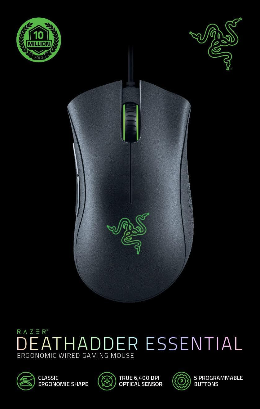 Razer Deathadder Essential - Ratón Gaming Con Sensor Óptico, 6400 DPI (5 Botones Programables, Interruptores Mecánicos, Agarres Laterales De Goma), Negro