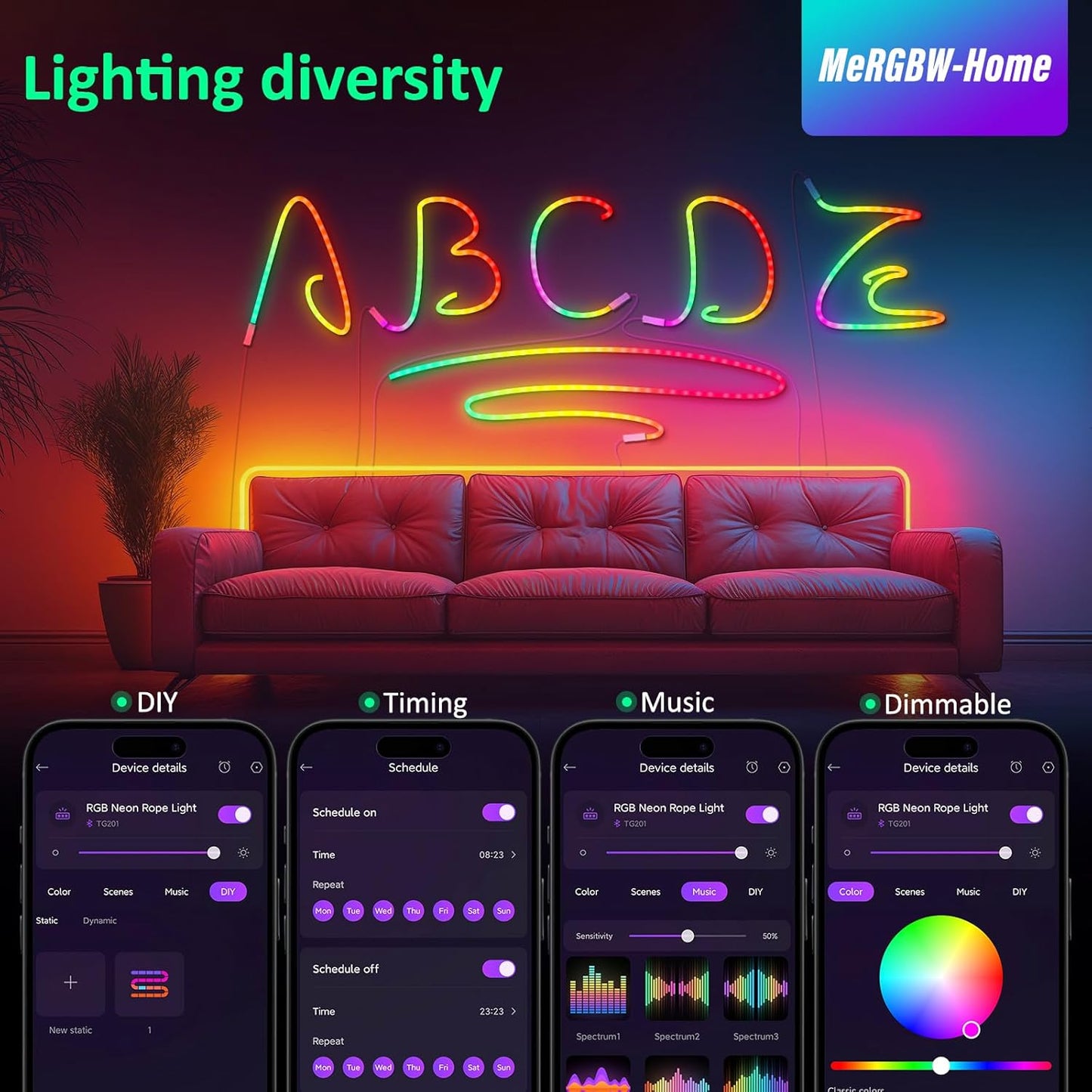 Tiras LED Neon 3M, Luces LED Strip RGB De Neón De DIY Siliconecon, Control Por App, Inteligente Control Segmentado Modo Música Y Escena Arcoíris Para Habitación Gaming, Fiesta, Dormitorio