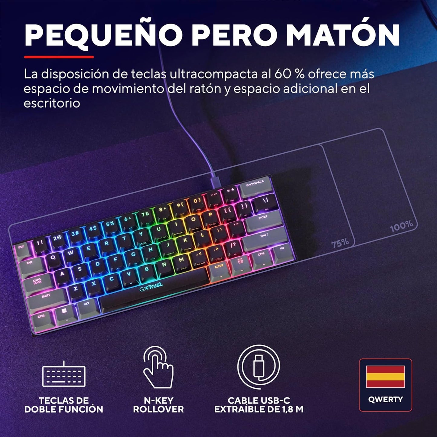 Trust Gaming GXT 867 Acira Teclado Mecánico 60% Español QWERTY, Teclas De Doble Función, Iluminación RGB, Mini Teclado Gaming Compacto Programmable Con Cable USB PC Portátil - Negro/Gris