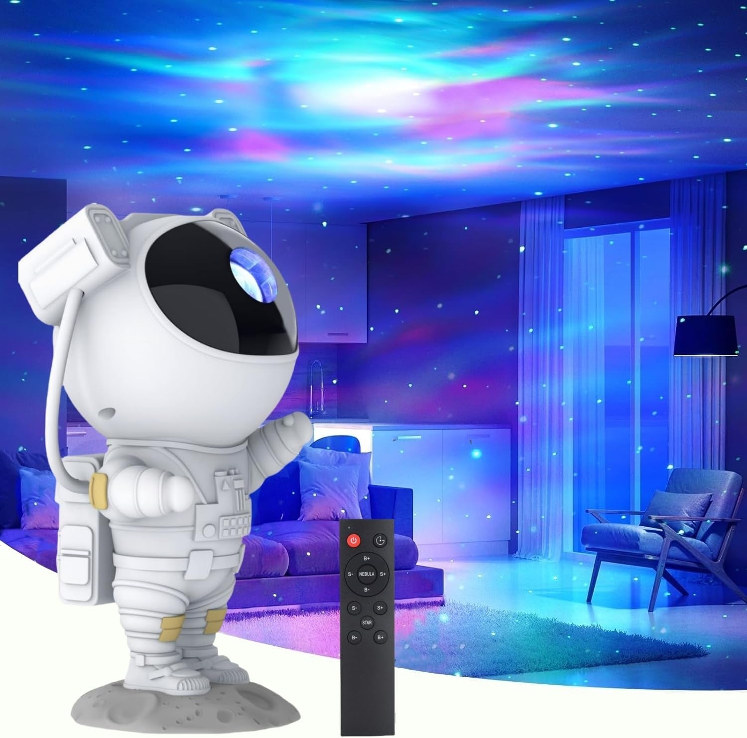 Lámpara Proyector Astronauta Galaxia, Luce Notturna Galaxy, Lampadario a Nebbia Astronauta LED Con Timer E Telecomando… (White Blue)