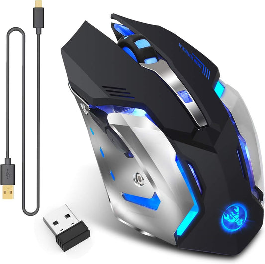 Zienstar-Recargable Ratón Para Gamer Inalámbrico 2.4Ghz Con Receptor USB,7 Colores Retroiluminado-Negro Plateado