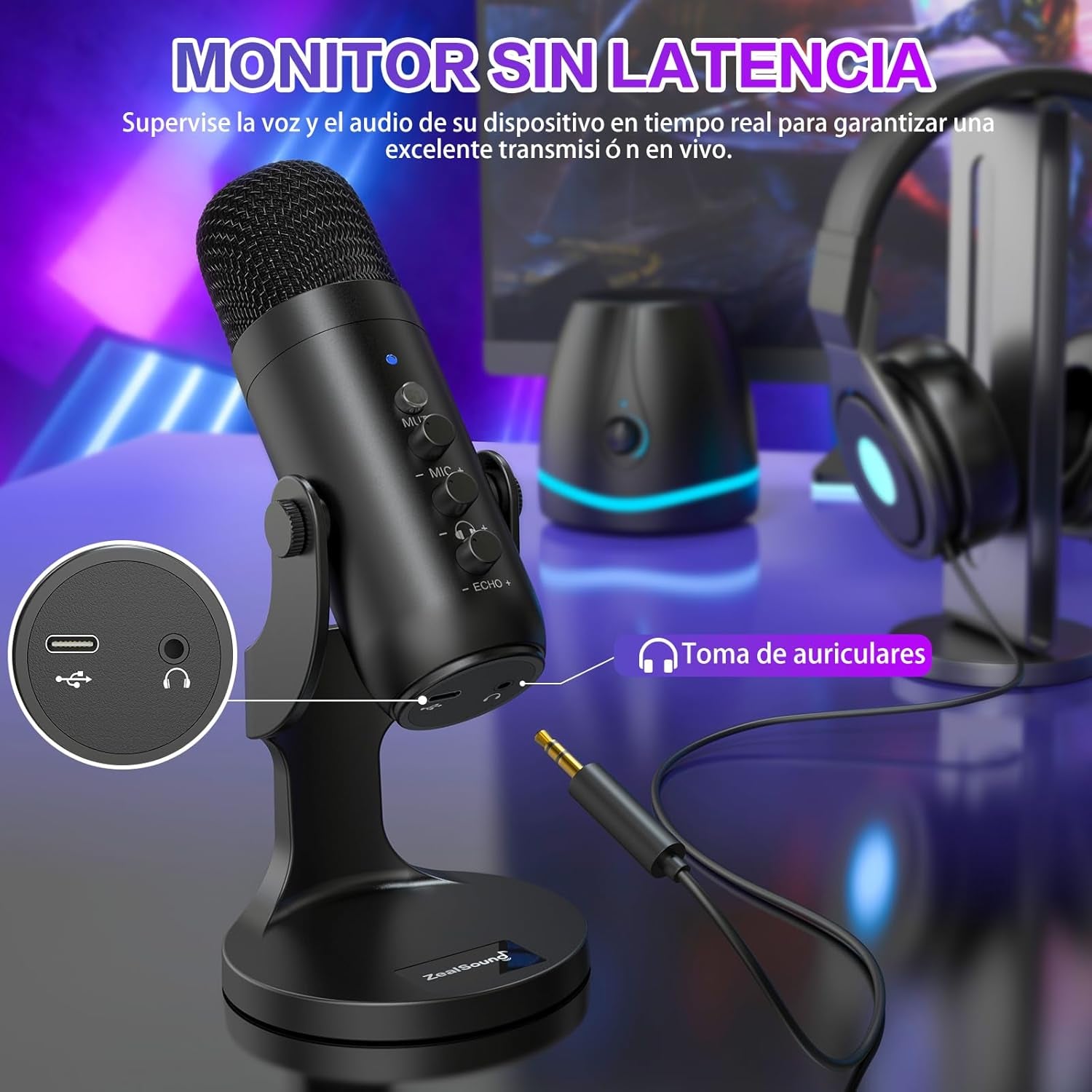 Zealsound Micrófono Condensador,Micrófono PC Usb,Micrófono Gaming, Adaptador Teléfono Para *Phone, Micrófono De Grabación Profesional,Silencio,Reducción De Ruido,Estúdio/Youtuber/Streaming/Podcast