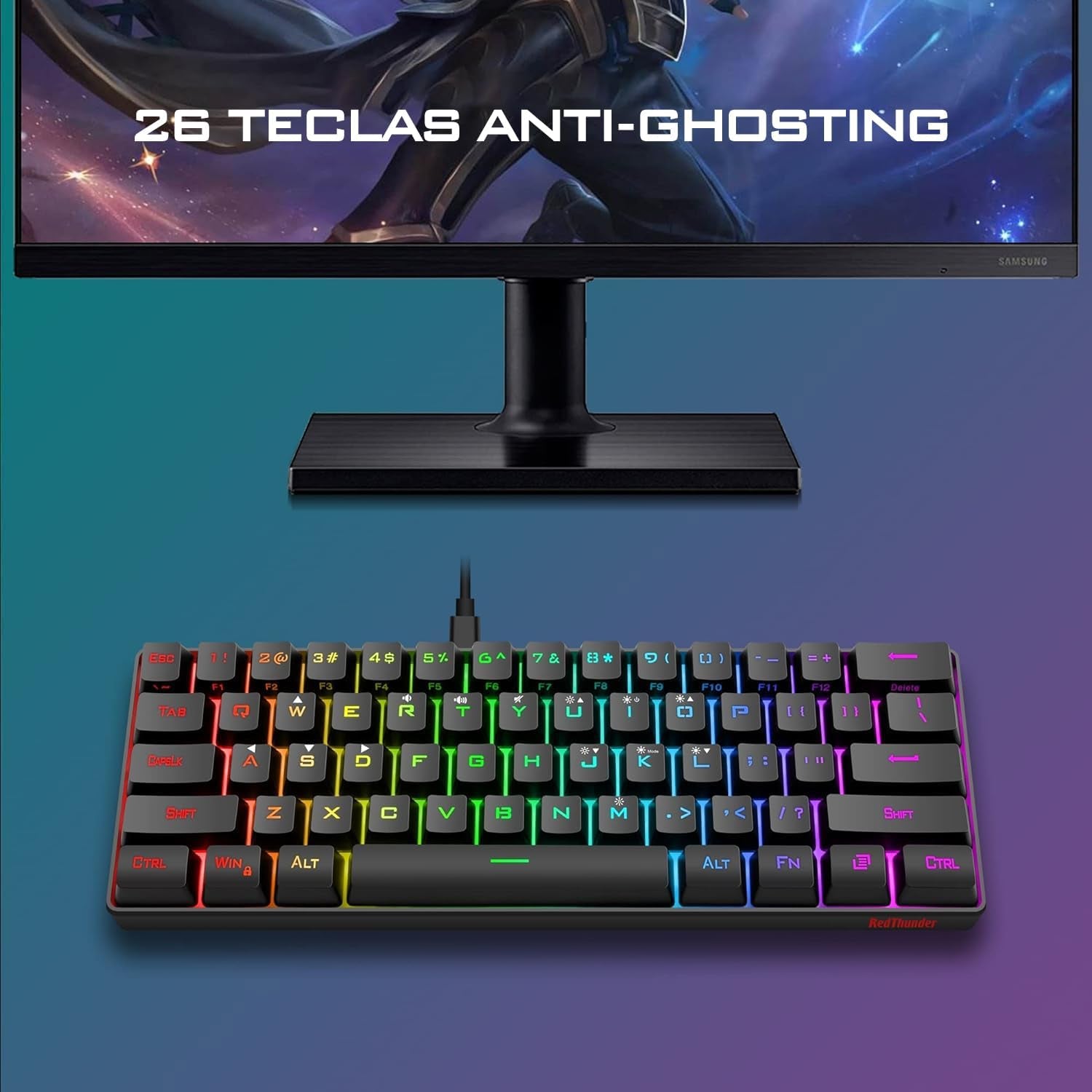 Redthunder Teclado Mecánico Alámbrico Gaming 60%,Retroiluminación RGB Dinámica,Ratón Celular Ligero De 7200 Dpi,Teclado Ultra-Compacto 62 Teclas Anti-Ghosting,Disposición QWERTY Es,Para Pc/Ps5/Xbox
