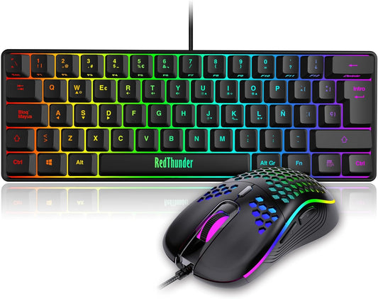 Redthunder Teclado Mecánico Alámbrico Gaming 60%,Retroiluminación RGB Dinámica,Ratón Celular Ligero De 7200 Dpi,Teclado Ultra-Compacto 62 Teclas Anti-Ghosting,Disposición QWERTY Es,Para Pc/Ps5/Xbox