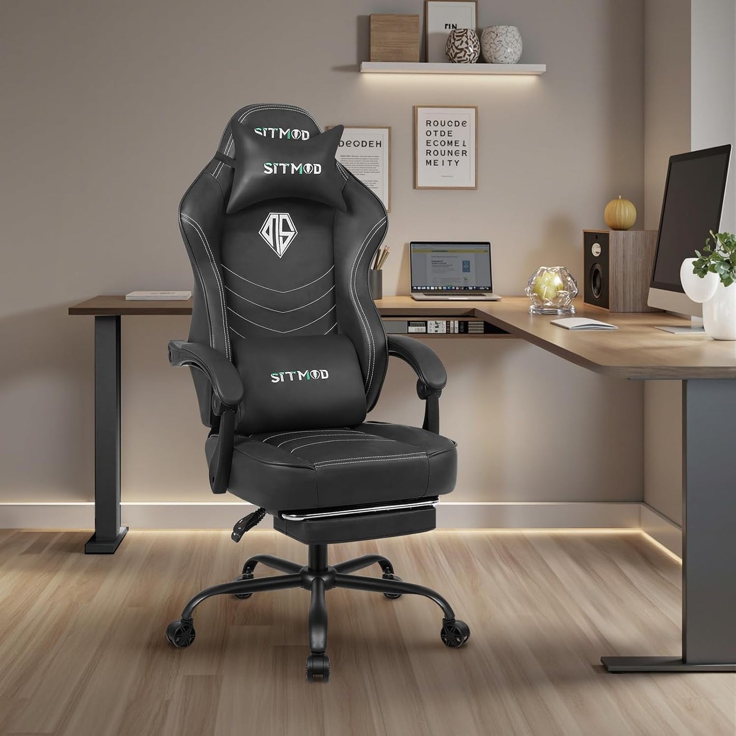 Silla De Juegos Con Reposapiés, Sillas De Trabajo Para Computadora Con Soporte Lumbar Y Reposacabezas, Sillas Grandes Y Altas De Altura Ajustable Con Cojín Giratorio De 360°, Silla De Oficina De Piel