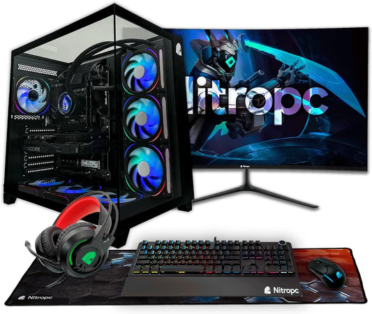 Nitropc - Pack Diamond | PC Gaming Completo (Intel Core I7 12700K 12/20 5.0Ghz, RTX 5060 8GB, RAM 32GB, M.2 2TB, Windows 11 | Wifi, Monitor Curvo 27", Teclado, Ratón, Cascos) PC Sobremesa (Negro)