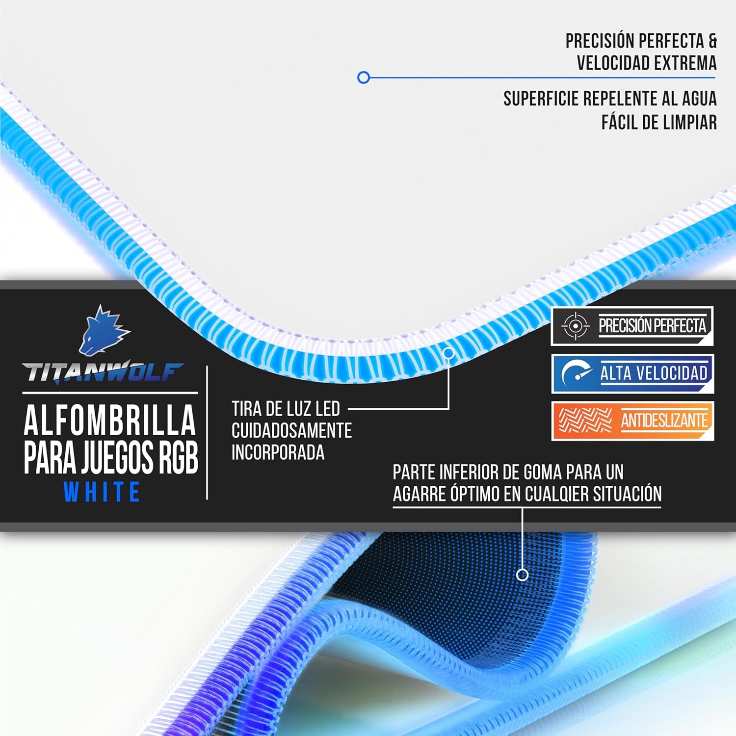 TITANWOLF - Alfombrilla Para Ratón Gaming RGB - Mouse Pad 900X400 Mm - LED Multicolor 7 Colores - 4 Modos De Efectos - Mejora Precisión Y Velocidad - Superficie Inferior De Goma – White