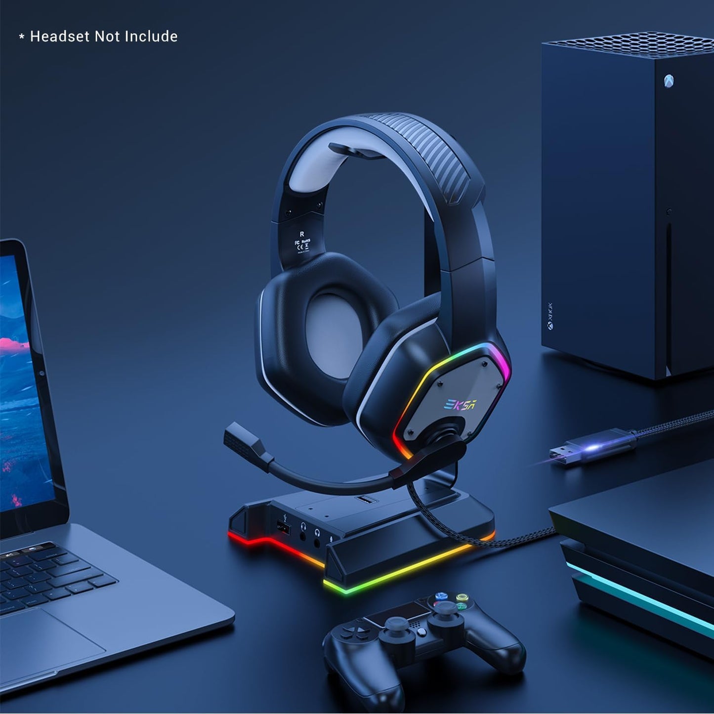 EKSA W1 Soporte Auriculares Con RGB, Sonido Envolvente 7.1, 3 Puertos 3.5Mm Y 2 USB, Accesorios Gaming Para PC, Aluminio, Compatible Con Pc/Netbook/Gamer
