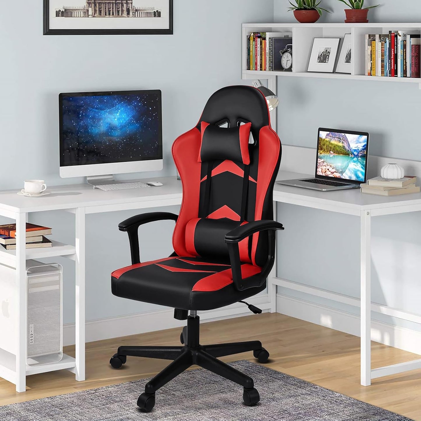 Silla Gaming Ergonómica Reclinable Con Cojín Lumbar Y Cervical | Respaldo Alto Acolchado | Altura Ajustable | Ruedas Giratorias 360° Y Reposabrazos | Ideal Ordenador, Oficina, Videojuego O Escritorio