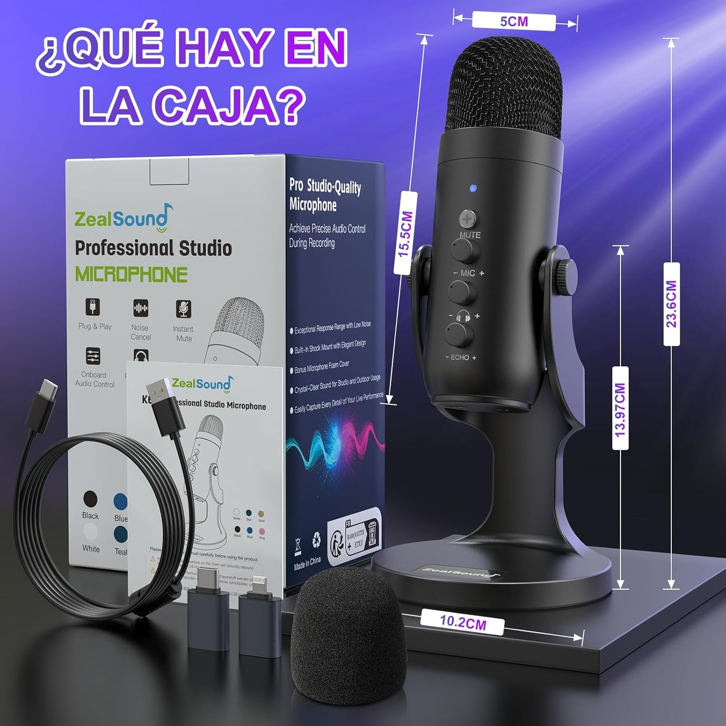 Zealsound Micrófono Condensador,Micrófono PC Usb,Micrófono Gaming, Adaptador Teléfono Para *Phone, Micrófono De Grabación Profesional,Silencio,Reducción De Ruido,Estúdio/Youtuber/Streaming/Podcast