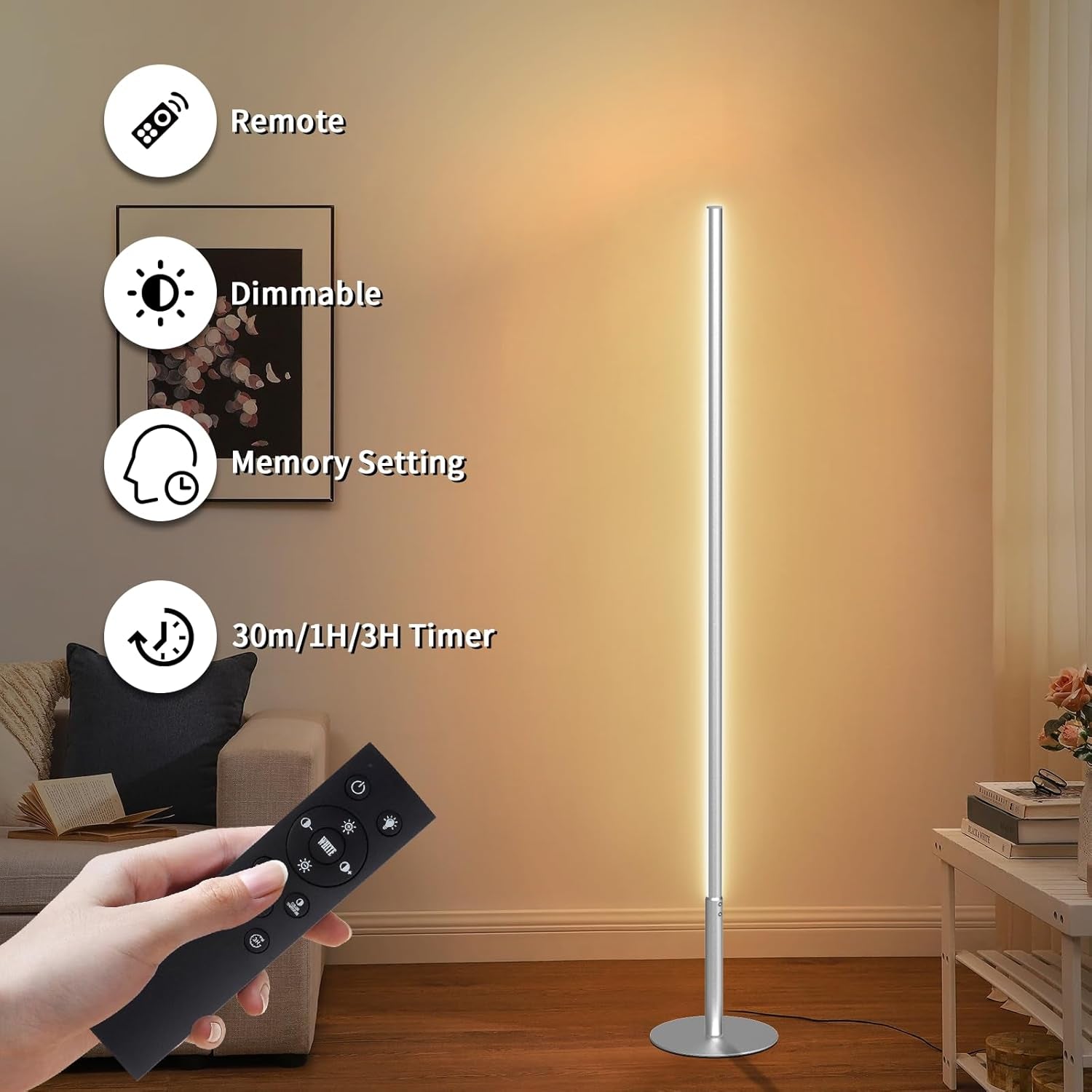 Lámpara De Pie LED, Moderna Lámpara De Pie Salon Regulable Luz Esquina Con Control Remoto, Atenuación Continua Brillo Y Colores 2700K-6500K Función Memoria Columna Luz Para Dormitorio, 147CM