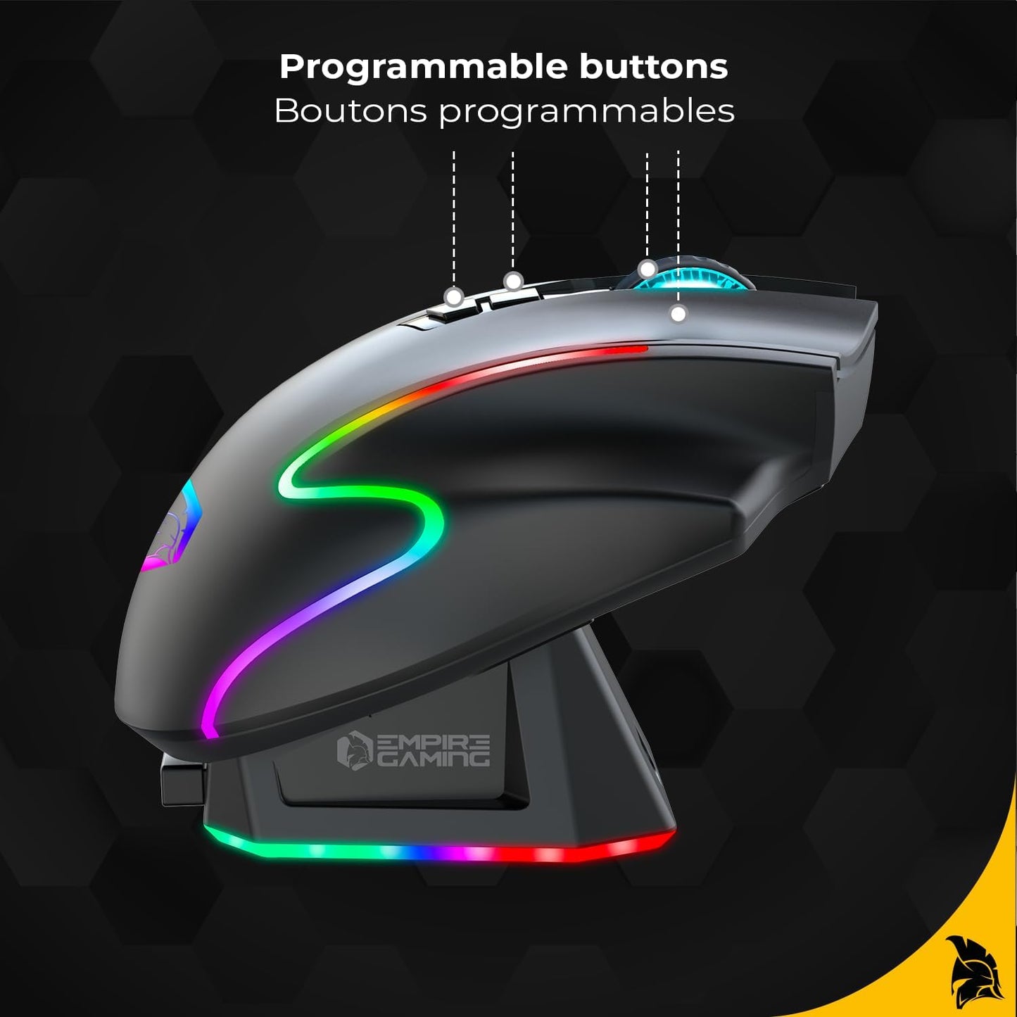 Empire Gaming RF908 - Ratón Inalámbrico Recargable Con Estación De Carga Magnética RGB – 10000 DPI 8 Botones Programables Modos Wifi 2.4 Ghz, Bt/Cable Vía USB-C (Negro)