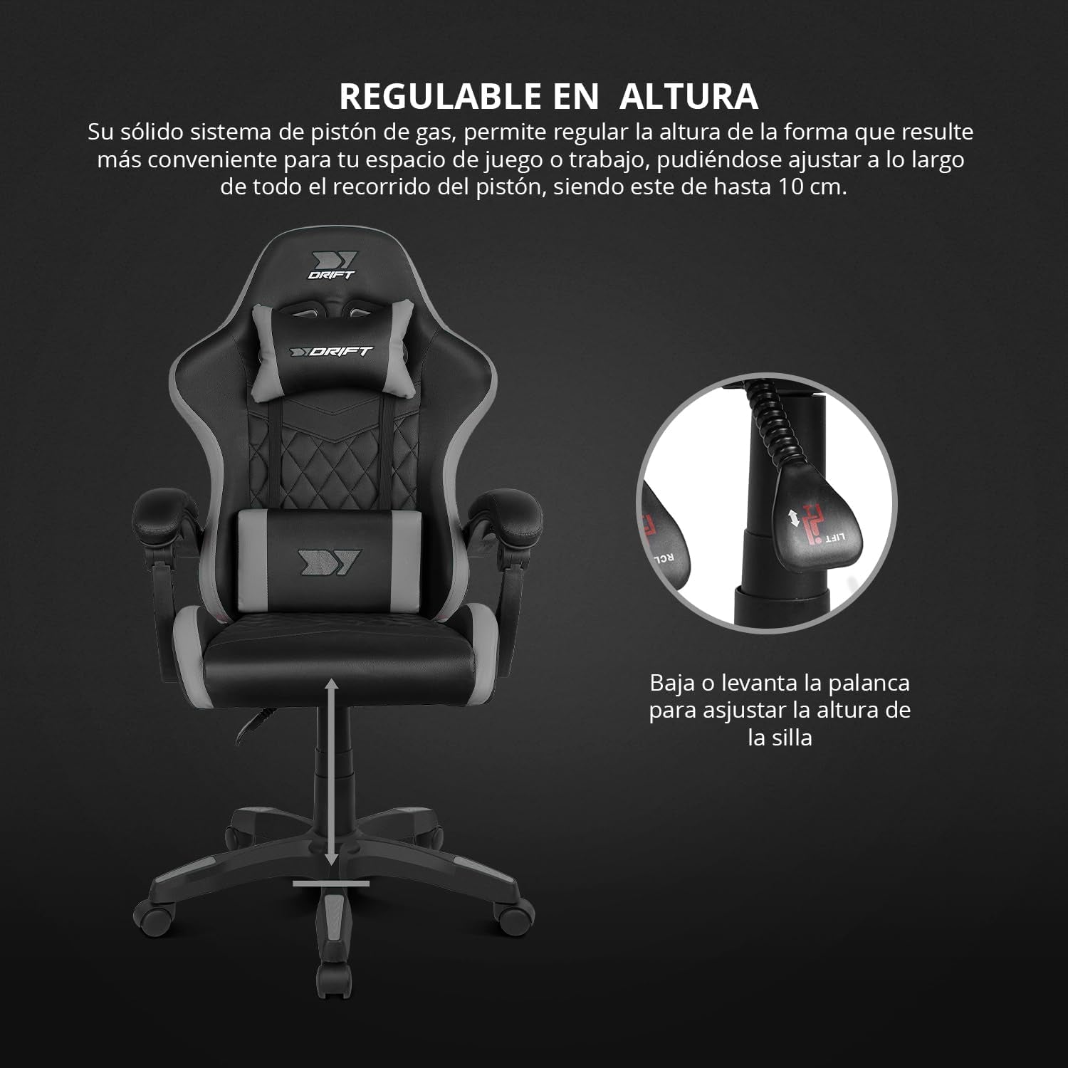 DRIFT GAMING DR35 – Silla Gaming Ergonómica Profesional Con Reposabrazos 2D Ajustables, Soporte Lumbar Y Cervical, Reclinable 135°, Tapizado En Cuero Sintético, Ruedas Silenciosas, Base Robusta, Negro