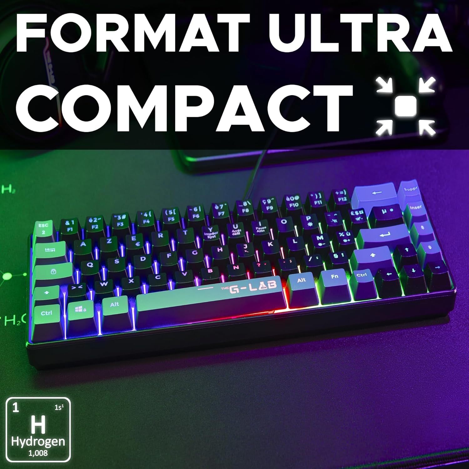 The G-Lab Keyz Hydrogen - Teclado Gaming AZERTY – Idioma Frances - Teclado Para Juegos Semi Mecanico - Teclado Gamer 60%, Retroiluminación Multicolor - Mini Teclado Gamer Silencioso, Para PC,PS4,PS5
