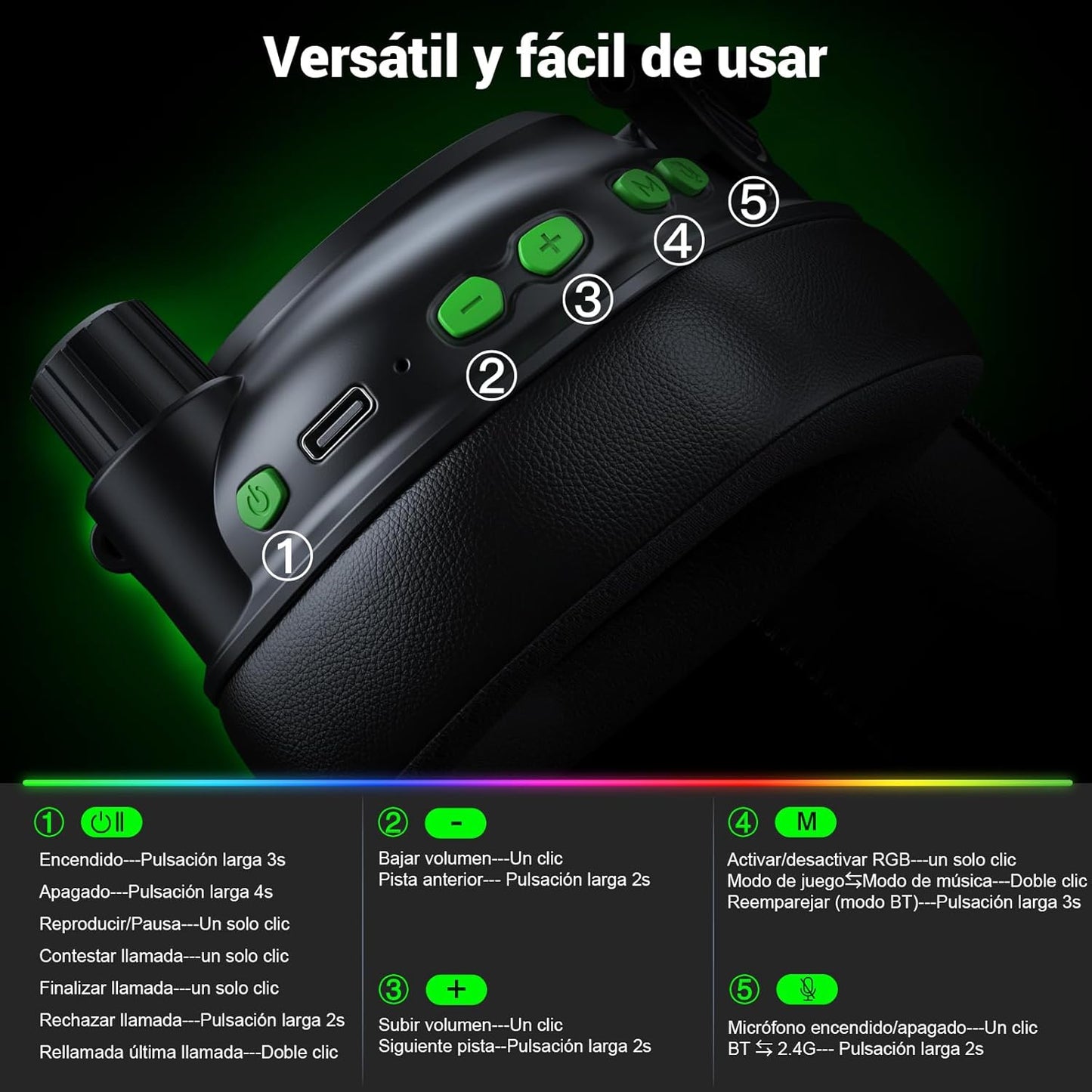 KGH2 Cascos Gaming Inalámbricos, 2.4 Ghz Auriculares Gaming Para PS4, PS5, PC, Mac, Switch, Auriculares Bluetooth Con Micrófono, Cancelación De Ruido, Luz LED Y Duración 40Hr+, Negro