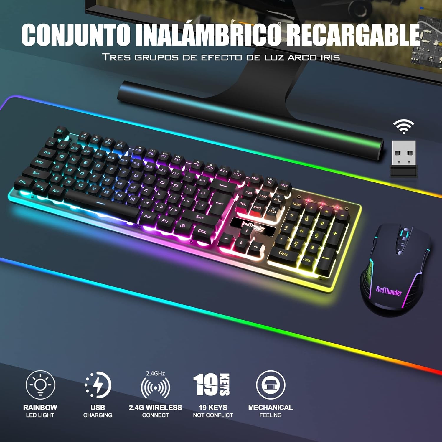 Redthunder K10 Teclado Gaming Sensación Mecánico Lnalámbrico,Retroiluminación Led,Batería Recargable De 3800 Mah, Anti-Ghosting+Ratón 7D 3200Dpi,Disposición Es,Para Pc/Ps5/Xbox-Negro