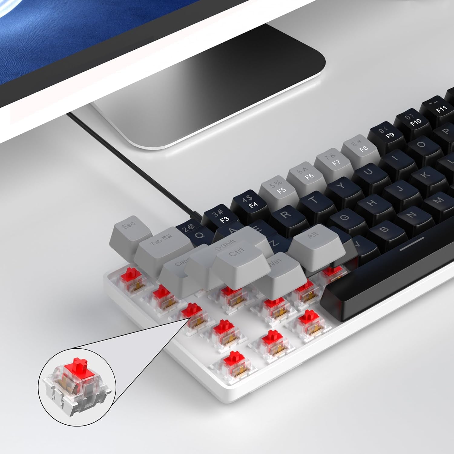 Teclado Mecánico De 60 Por Ciento Para Juegos, Minimalista Mk-Box Retroiluminado Azul Compacto De 68 Teclas Con Cable De Oficina Con Interruptor Rojo Para Windows, Mac, Conveniente (Gris Y Negro)