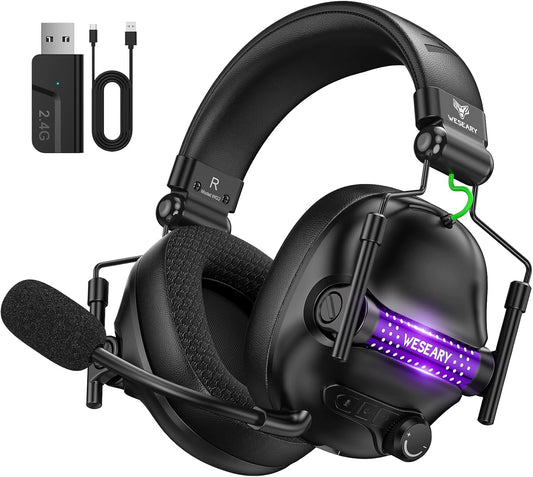 WESEARY WG2 Cascos Gaming Inalambricos, Auriculares Gaming Inalambricos De 2.4G Para PS5, PS4, PC, Switch, Sonido Estéreo Auriculares Con Microfono, Cascos Con Luz LED, Duración 50Hr+