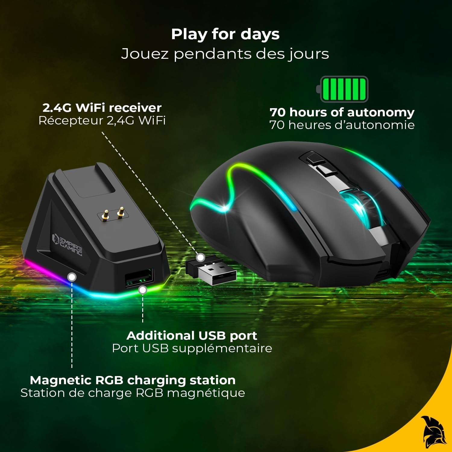 Empire Gaming RF908 - Ratón Inalámbrico Recargable Con Estación De Carga Magnética RGB – 10000 DPI 8 Botones Programables Modos Wifi 2.4 Ghz, Bt/Cable Vía USB-C (Negro)